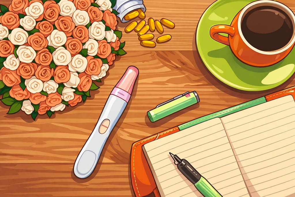 Home pregnancy test with prenatal vitamins and notebook on table