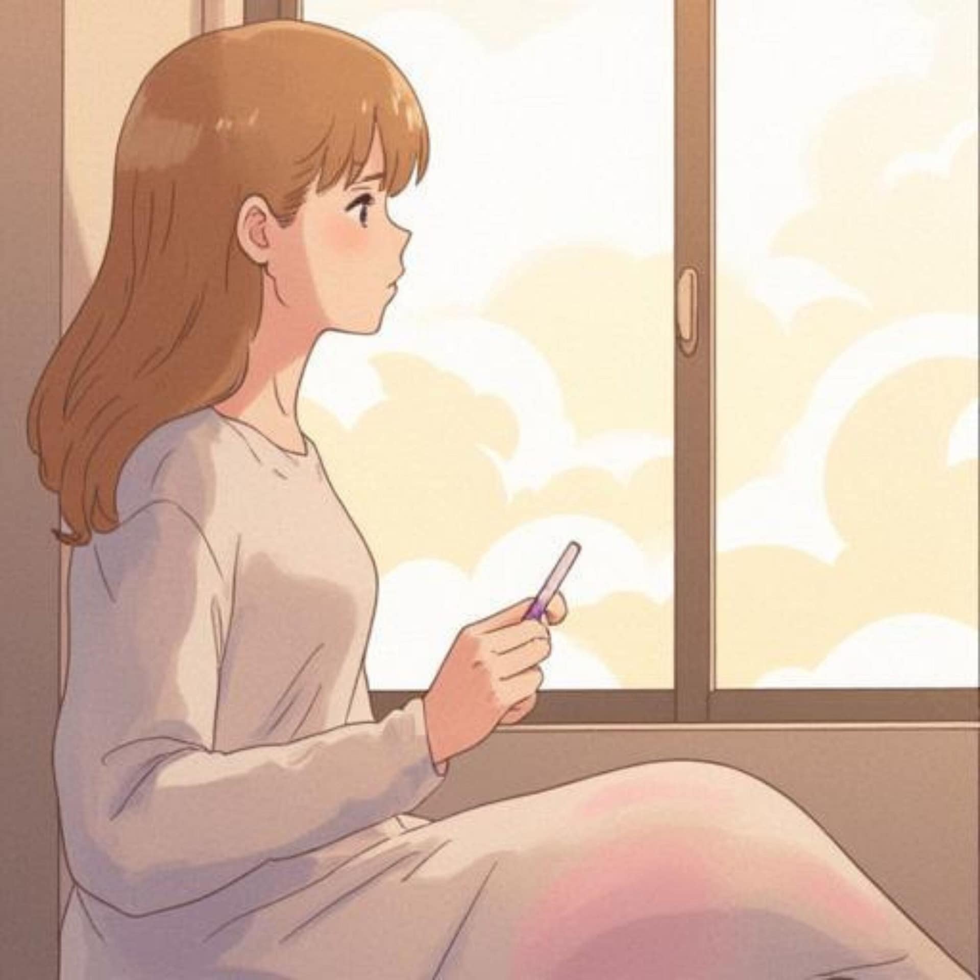 Woman sitting calmly holding a positive pregnancy test