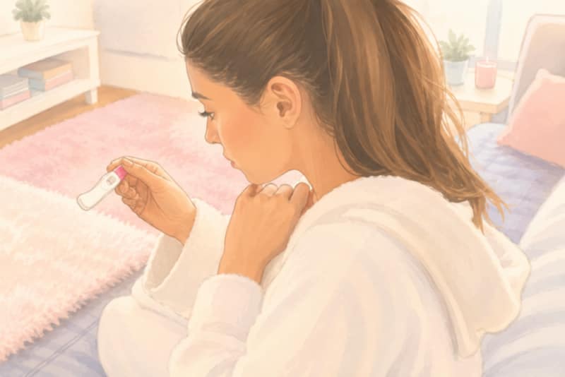 Soft pastel illustration of a woman sitting on a bed in a cozy bedroom, thoughtfully looking at a pregnancy test while wrapped in a white robe. The warm, calming colors and gentle lighting create an emotional and reflective atmosphere.